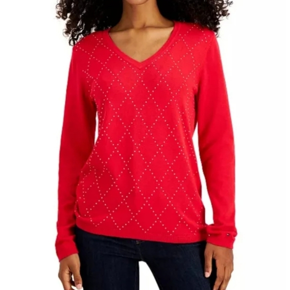 Tommy Hilfiger Tops - NEW! TOMMY HILFIGER Ivy Studded Argyle V-Neck Sweater, Size M, Red/gold